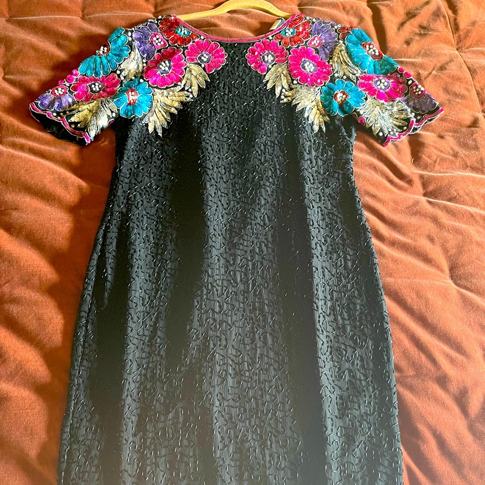Women’s Vintage Beaded Sequin 100% Silk Cocktail Dress